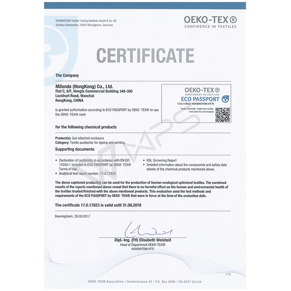 Milando Oeko Certificate - 2